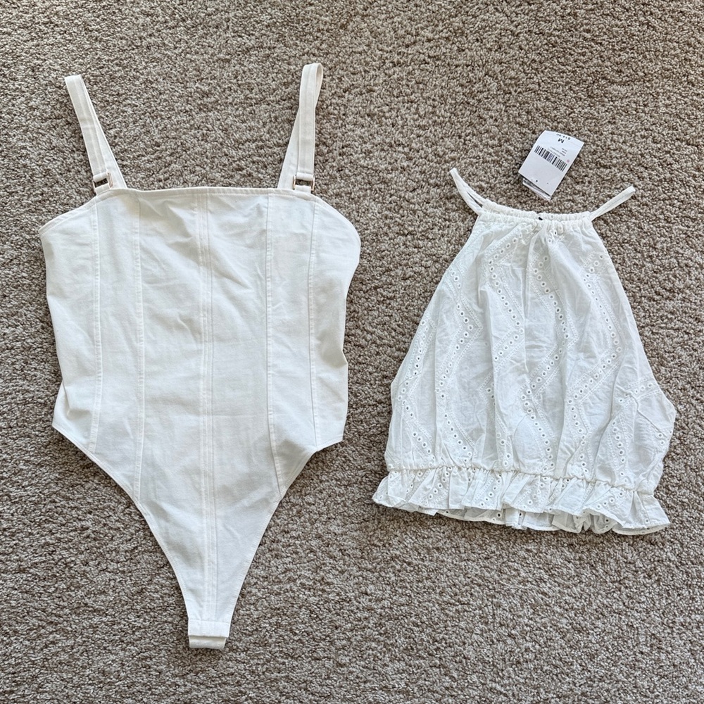 Forever 21 White Eyelet Halter Top NWT & H&M White Structured Bodysuit